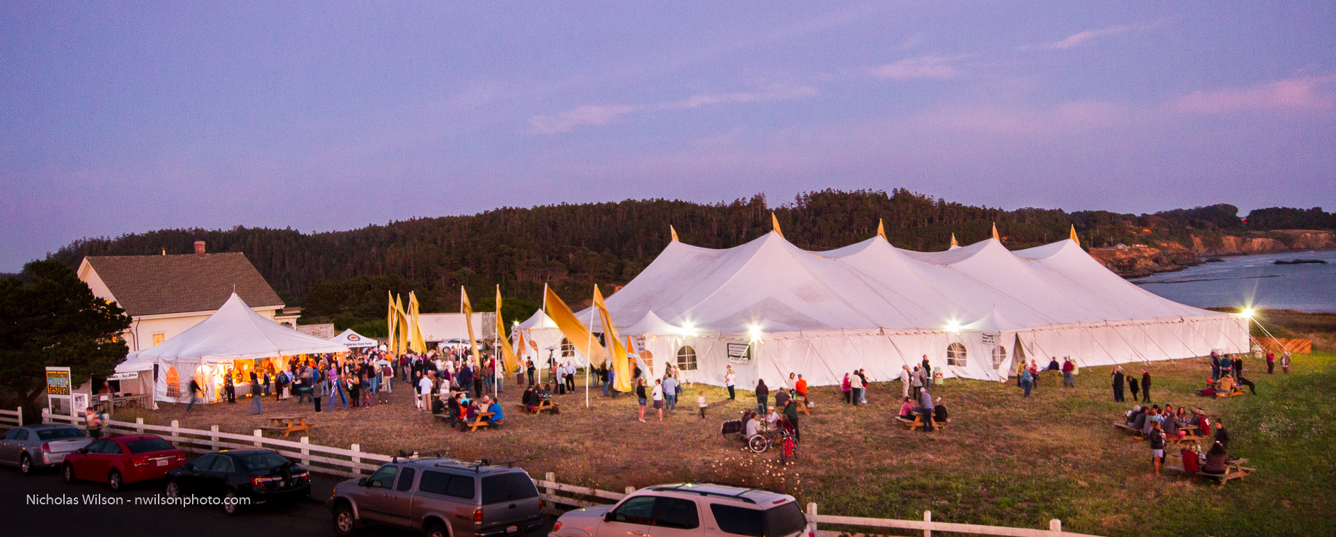 The MMF's 800 seat concert hall tent at twilight.